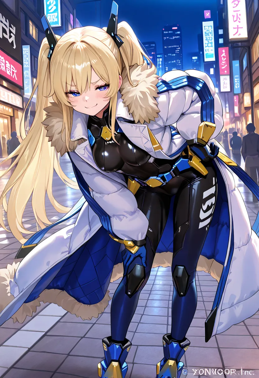 masterpiece, best quality, laplace, hair ornament, white coat, belt, black bodysuit, fur trim, gloves, blue boots, standing, smug, smile, leaning forward, city street ,Night City