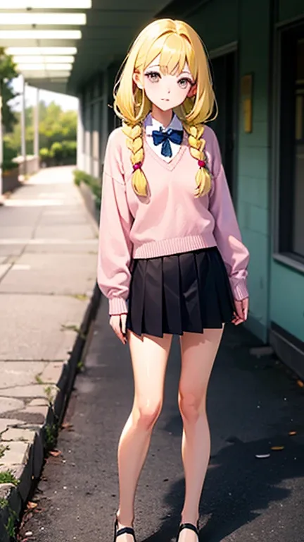  fair-skinned girl , yellow hair in the form of braids, pink eyes, , long sleeves,  short skirt,  tights ,  heels, school hallway in the background.