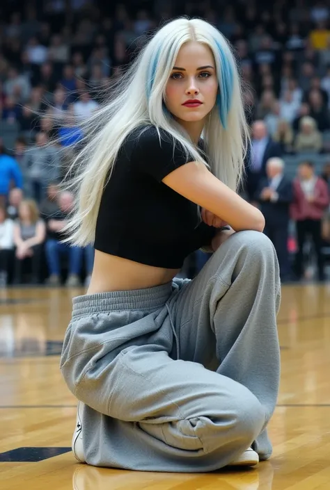 age 18, slim, e-girl, goth girl,( Masterpiece, 4k resolution, ultra-realistic, very detailed) long white hair with blue highlights, blue eyes, , wearing tight black croptop, oversized baggy grey parachute pants, white sneakers, sitting on the floor at a hi...