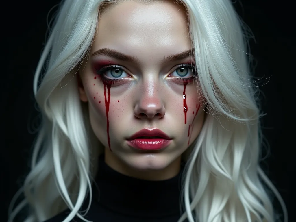  Creates the realistic image of a young woman with long, wavy white hair, grey eyes and pale complexion, Make it look powerful and dangerous. Add a black background and use dark tones, Add blood stains to his face. Focus only on your face closely. 