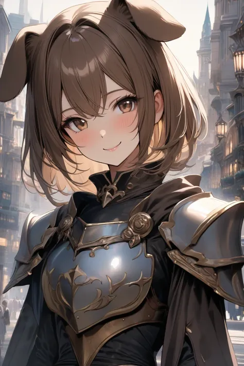  top quality,  masterpiece,  nothing , 8k, ( 1 girl ),  alone, (((face shot))),  brown shorthair , Beautiful Girl with Dog Ears, old fantasy cityscape, dark brown droopy , (((smile))), Plate Armor