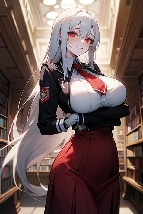 white mask with a smile, sadistic writer ,  silver hair marks,  crimson eyes,  giant breasts ,  pale skin,  large room, bookstores,  Huge Breasts, tight red high school uniform