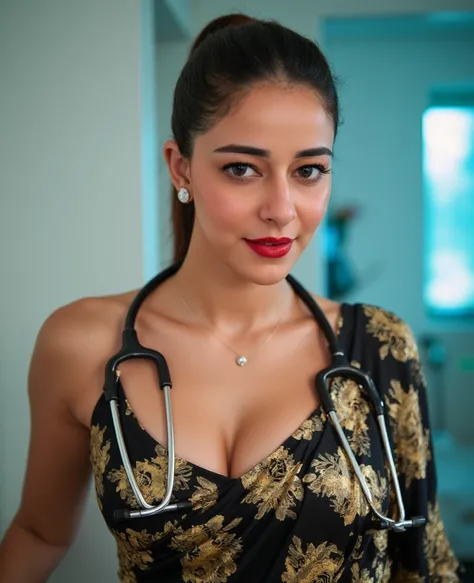  photo of 30 years old busty a in hospital, hourglass figure, swooping breasts, deep cleavage, curvy, wearing stethoscope , black and gold saree, seductive eyes, sultry, look at viewer lusciously, subtle smile, red lips, ponytail, necklace, 4K, HD