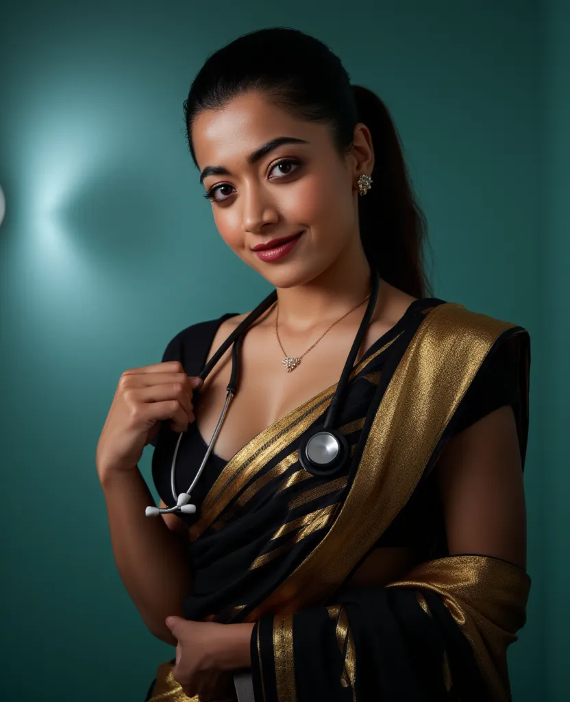 Studio lighting photo of 30 years old busty a in hospital, hourglass figure, swooping breasts, deep cleavage, curvy, wearing stethoscope , black and gold saree, seductive eyes, sultry, look at viewer lusciously, subtle smile, red lips, ponytail, necklace, ...