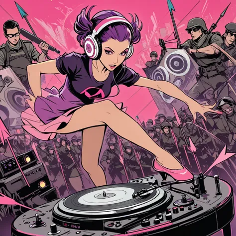 Women with giant headphones and a rude attitude, mixing in a turntable that looks like a revolutionary strategy table (with , arrows and resistance plans, but instead of soldiers, Are there ballerinas. There are sound systems and the colors predominate in ...