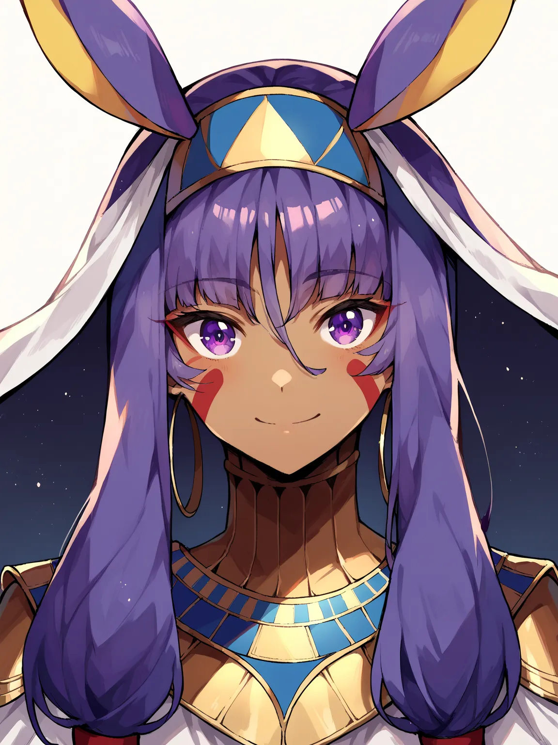 Best quality, masterpiece, nitocris, animal ears, dark skin, dark-skinned female, facial mark, hair between eyes, long hair, purple eyes, purple hair, sidelocks, smile