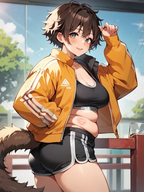  score_9,  score_8_ up,  score_7_ up,  score_６,  score_5_ up,  score_4_ up， anime break ，nsfw，  uncensored，Anime,  1 girl, plump,  fluffy hair, side layer hair,  brunette,  Curvy Body,  sports bra (((Paw marks))),  jacket,  shorts, glass, Tail,  has a smil...