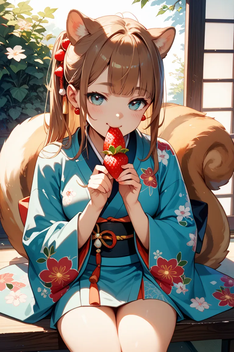 Long-haired girl with Shiba Inu ears and tail。Brown hair color close to black。eating a strawberry's mouth full and looks like a squirrel
。sitting in a kimono。