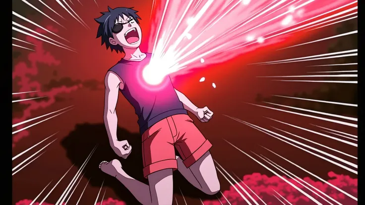 A young anime-style warrior with dark hair and an eye patch is struck in the chest by a powerful red energy beam. He is wearing a dark vest and black shorts. His body is arched backwards in pain, fists clenched, mouth open in a scream. An energy beam of br...