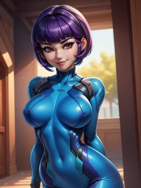 ((Masterpiece, best quality)), ((1girl)), ((solo)), Juno_Overwatch_2, bob cut hair, purple hair, bangs, brown eyes, long eyelashes, blue bodysuit, Zero Suit, cute face, wide smile,
