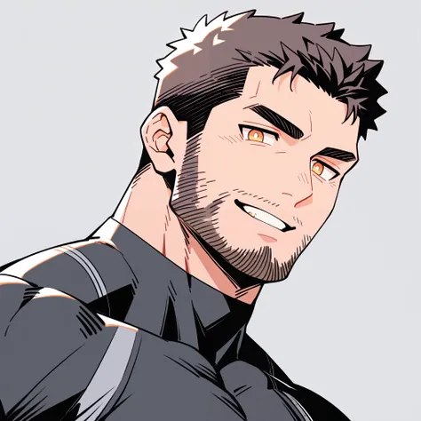 anime characters：Chris Redfield, Muscle Space Ranger, Buzz Cut, Manliness, male focus, black short sleeve outfit, black clothes, black boots, cargo pants, only, full and perky chest muscles, The pectoral muscles are oversized, muscular male, muscular, only...