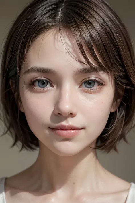 "A symmetrical and smooth human face, with neutral and universal features.  big, expressive eyes , Light brown, that convey empathy .  a light and friendly smile .  short hair,  straight and medium brown .  calm and serene expression , on a neutral and lig...