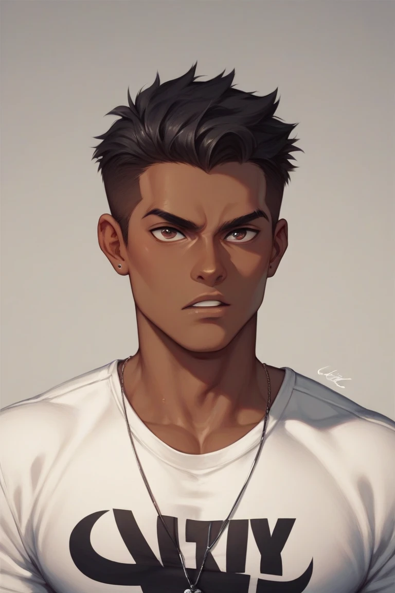 Create a young male character with a serious standing face, with brown skin, with spiky black hair and brown eyes with a regular blouse and regular jeans with a Nike sneaker. 