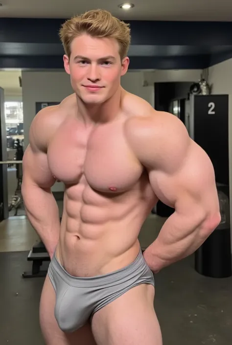 Kit Connor. This image is a high-quality photograph featuring Kit Connor with short, tousled light brown hair. He is standing i the gym. He has a light complexion and expressive blue eyes. His facial expression is neutral and smily, looking at the viewer. ...