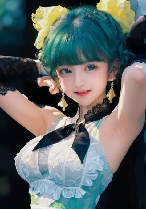 
  high definition  、mignon、blur the background、Head to belly button representative、Laugh shyly、Put your hands behind your head、  small size  、White ribbed sleeveless、  young face  、  big boobs、  green eyes  、lace ribbon、Yellow lace ruffles、、lace ribbon、Ye...