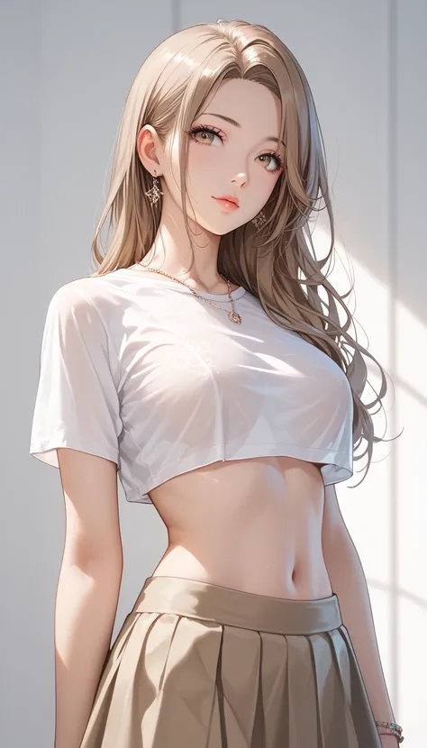 best quality, absurdres, わきDownを見せない, Down,  No Background,  becomes transparent when you stare at it {x}, PE, front view, cowboy shot,  perfect beautiful face, Beautiful breasts,  Read more, slim, lightbrown long hair, parted bangs, cropped shirt, skirt,