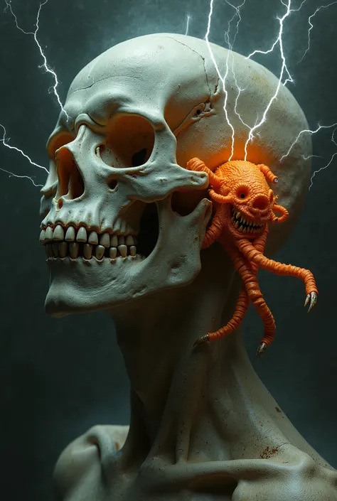 Skull pierced by lightning in her ears with an orange-shaped monster (similar to killer tomatoes with claws coming out from the inside.