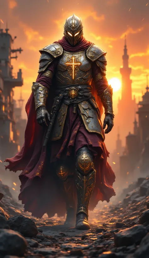 a Templar soldier in golden armor with a red cross on his armor walking towards freight, with a sunset behind with a full helmet