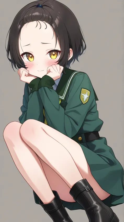  high definition, high quality,4K, female 1,whole body,(Petite,小さい胸yellow肌),(black_Short Hair,Forehead),( cute_face,blush, high quality_eye,yellow_eye),clothes,green_uniform,black_ long boots