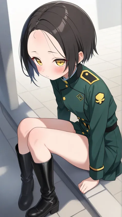  high definition, high quality,4K, female 1,whole body,(Petite,小さい胸yellow肌),(black_Short Hair,Forehead),( cute_face,blush, high quality_eye,yellow_eye),clothes,green_uniform,black_ long boots