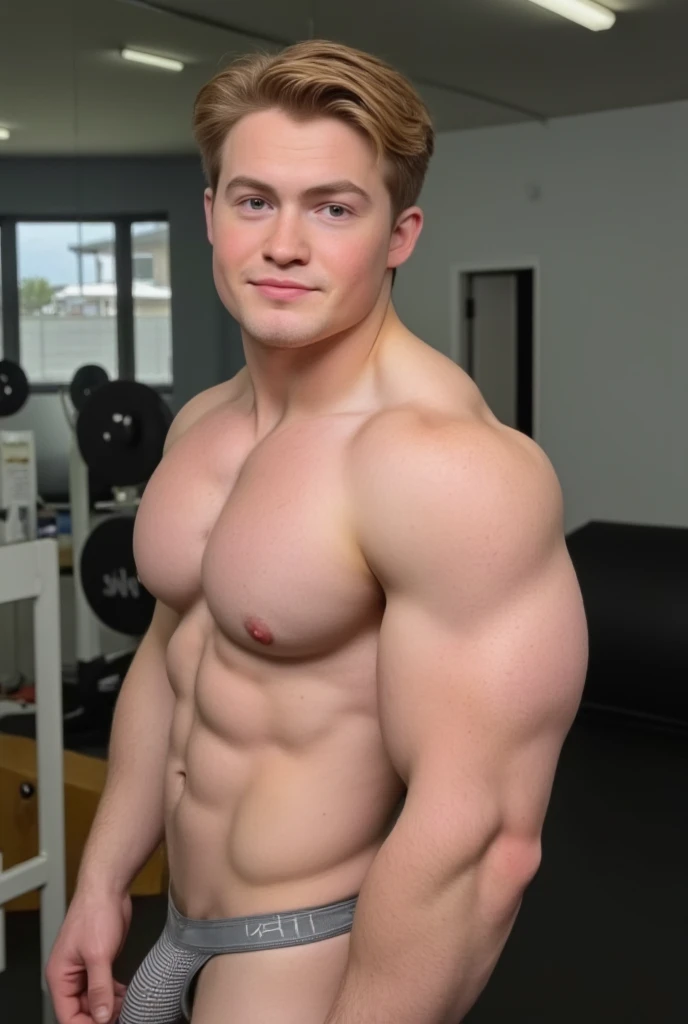 Kit Connor. This image is a high-quality photograph featuring Kit Connor with short, tousled light brown hair. He is standing i the gym. He has a light complexion and expressive blue eyes. His facial expression is neutral and smily, looking at the viewer. ...