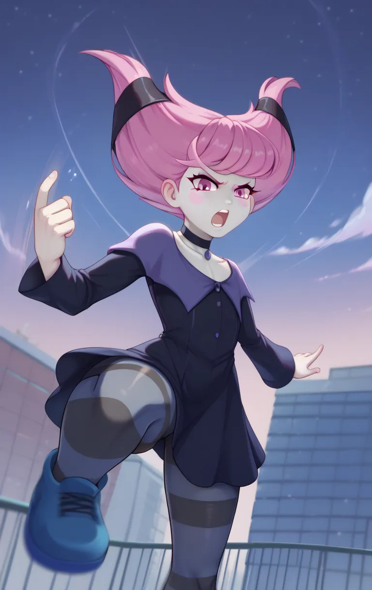 score_9,score_8_up,score_7_up pastel colors, highres BREAK jinxSDXLPN,b1girl, solo, short hair, pink eyes, dress, pink hair, stripped pantyhose, grey skin, choker, blush stickers, flying, flying kick, flat chest, angry face, screaming, open mouth, striped ...