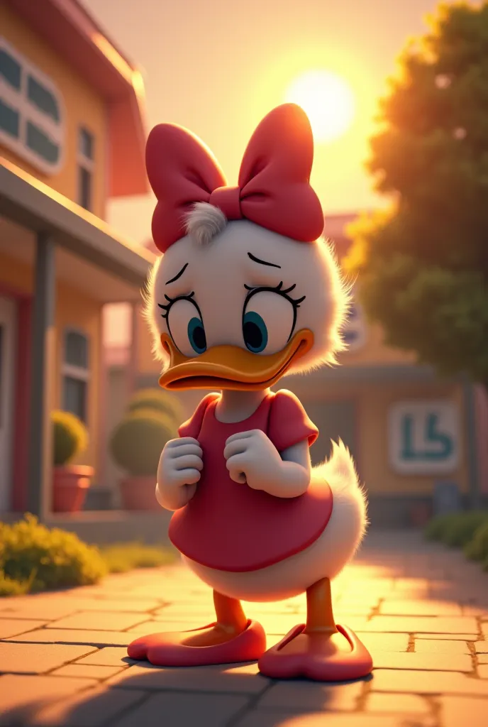 Daisy Duck sad . Outside the daycare school . sun . I will pay you back 