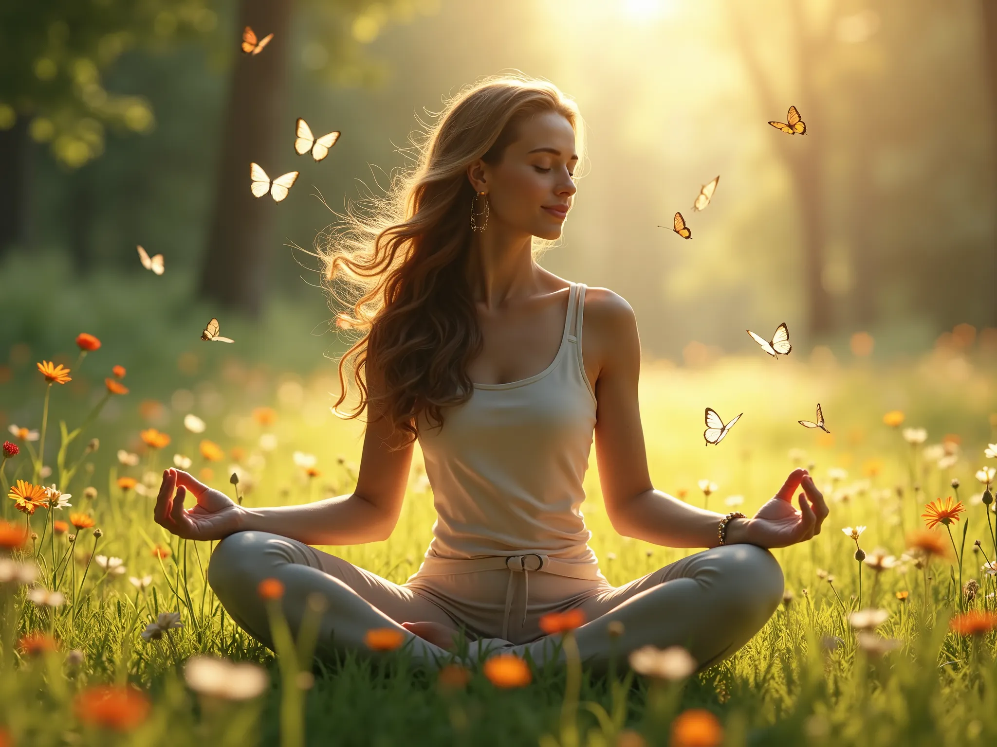 Beautiful girl practicing yoga in sunny meadow with butterflies