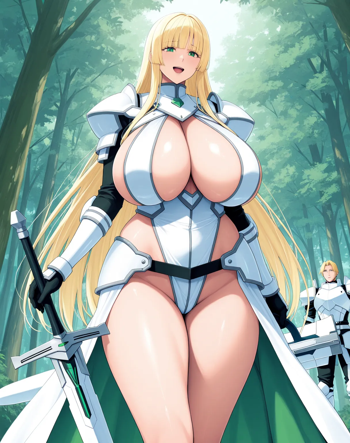 score_9, score_8_up, score_7_up, source_anime, 1woman, huge breasts, large breasts, curvy, voluptuous, legs, light blonde hair (bangs), green eyes, straight long hair, white armor, revealing clothes, black gloves, smile, open mouth, standing, greatsword, f...