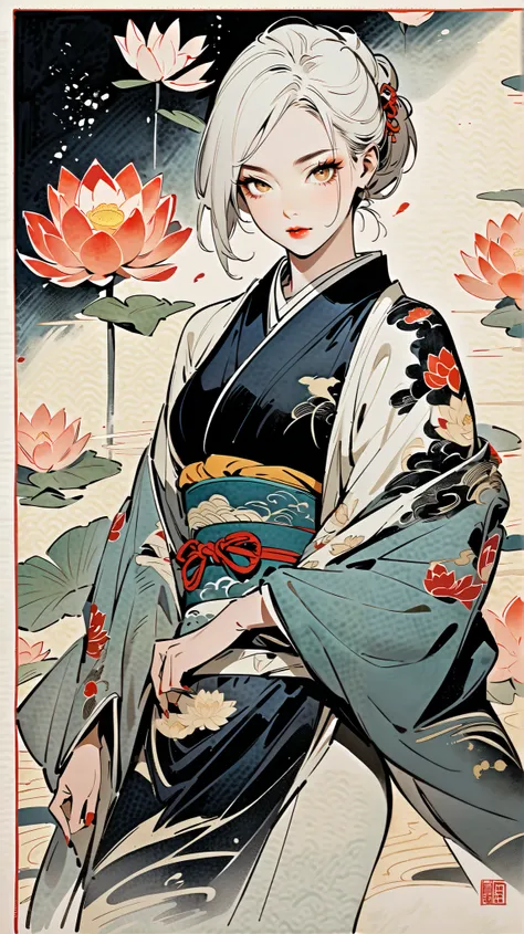 Golden eyes, white hair, Ink Painting, lotus, TATOO, Beautiful Japanese Woman, Delicate and precise, Modern ukiyo-e style,