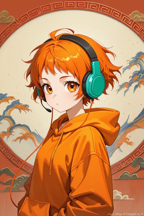 Chinese girl with headphones, messy orange short hair.  charismatic , orange hooded sweatshirt, 2.5d digital art mixed with oil painting. Pose explaining something to someone.