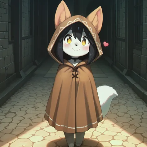 masterpiece, best quality, amazing quality, Anime Screencap. BREAK. 1girl, solo, tail, heart, cloak, animal ears, looking at viewer, full body, yellow eyes, hood, smile, furry, choker, standing, furry female, black hair, hood up, fur trim