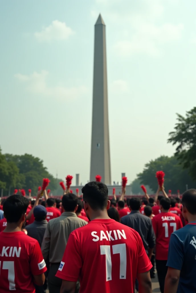 Bangladeshis pay tribute by placing a wreath in front of the Shaheed Minar, with the name Sakin and number 11 on the back of their jerseys. 