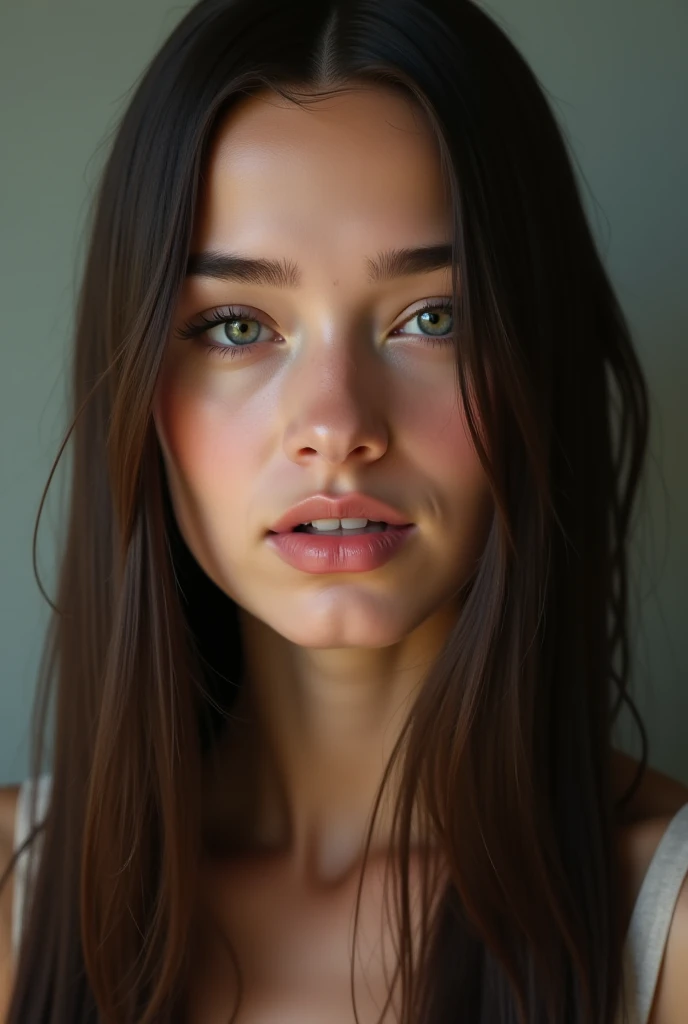 I want to create a very realistic photos of European girl with straight long hair, 20 years old, very beautiful, staying right in front of camera