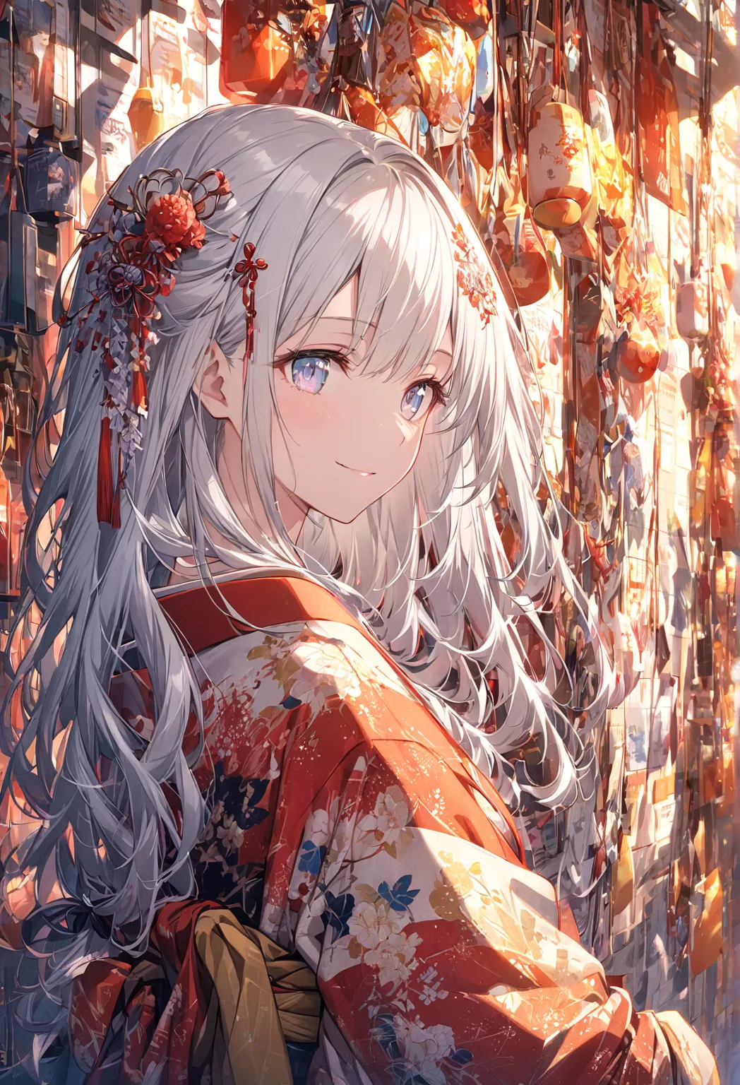 formula wallpaper、  Silver Hair、 Delicate Eyes、smile、 Hair Is Tied Up 、Beautiful hair ornaments、 kimono、 upper body portrait 、 warm shade 、