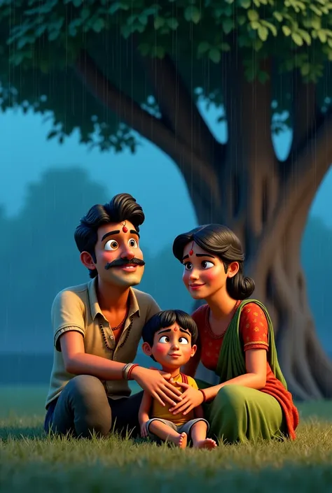 3D cartoon image,,,,Lakan, his wife, and their daughter are sitting under a big tree in the rain, shivering from the cold, their condition worsening.

Lakan is wearing torn clothes and has a bindi on his forehead. His face is mature, with a black mustache....