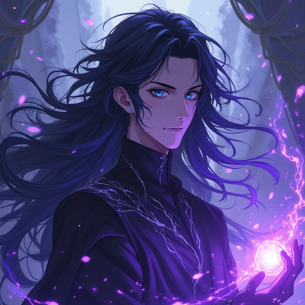 A man in late twenties with long flowing black hair with silver streaks, piercing blue-grey eyes with deep violet aura emanating his body in anime art style