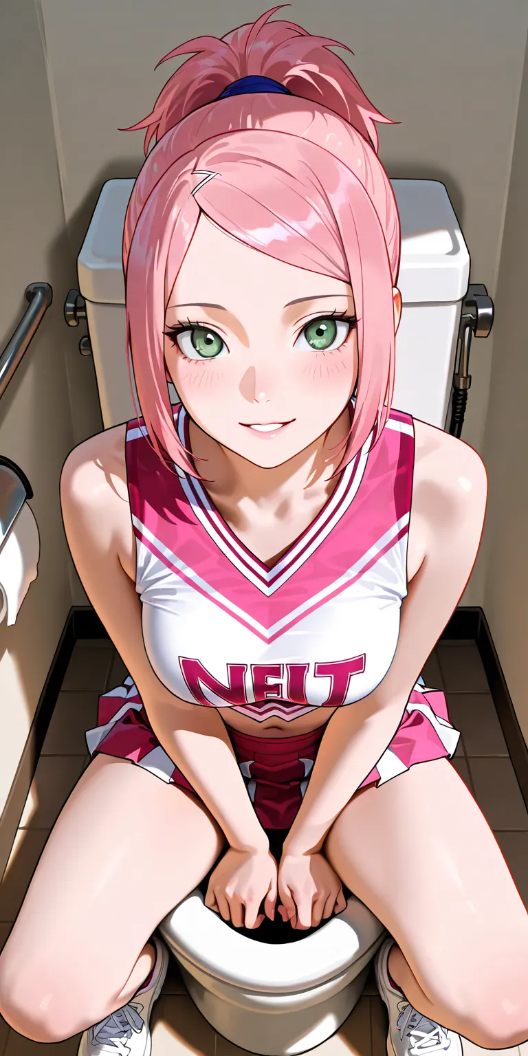 Masterpiece, newest, vibrant, very aesthetic, high contrast, mature woman, sakura haruno, pink hair, pony hair, straight hair, high ponytail short hair, light green eyes, cheerleader uniform (white color shirt, pink color twisted mini skirt), white sneaker...