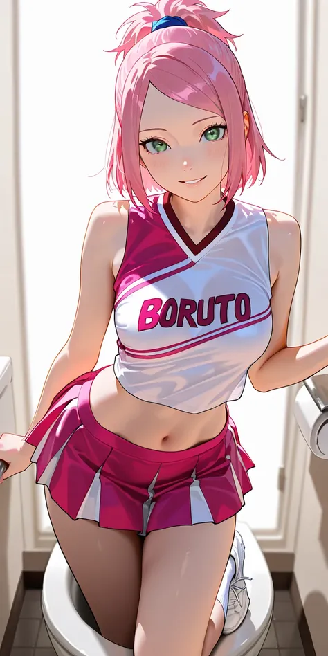 Masterpiece, newest, vibrant, very aesthetic, high contrast, mature woman, sakura haruno, pink hair, pony hair, straight hair, high ponytail short hair, light green eyes, cheerleader uniform (white color shirt, pink color twisted mini skirt), white sneaker...