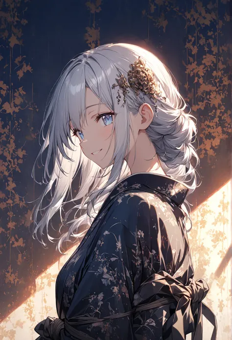 formula wallpaper、  Silver Hair、 Delicate Eyes、smile、 Hair Is Tied Up 、Beautiful hair ornaments、 dark blue kimono 、 upper body portrait 、 warm shade 、