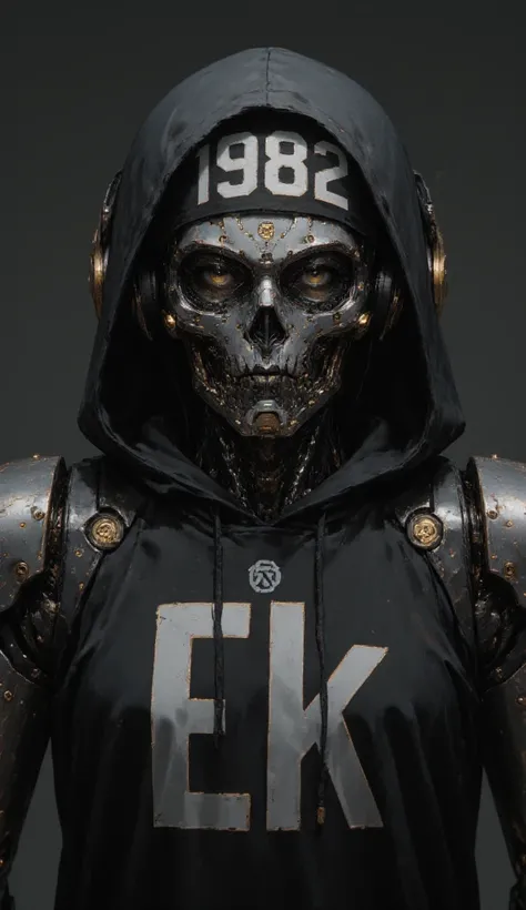 Cyberpunk robot, 2d, cartoonized, close-up, stylized figure with a futuristic, mechanical head, wearing a black hoodie & t-shirt with text "Ek" in large, bold white letters, headwear with text "1982" in bold white letters on black background, metallic face...