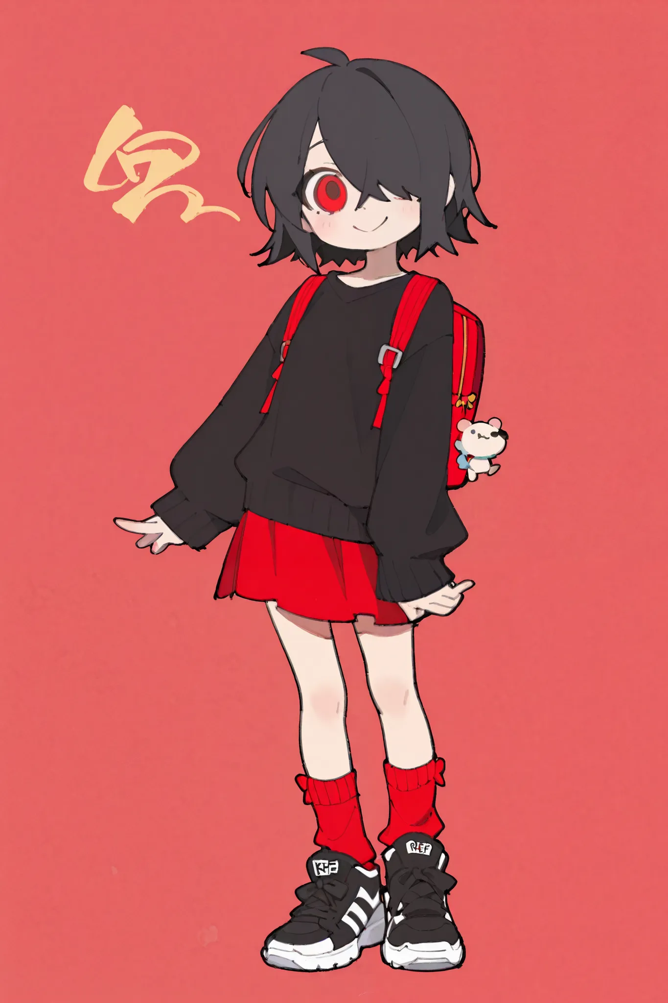 1 girl、 full body standing picture 、 black hair、 shortcut hair、hair over one eye、 my left eye is covered by bangs、Red eyes、 red socks、 black sneakers、shirt and a black sweater with a fuzzy black sweater、 red skirt、 red backpack、smile、 deformed。