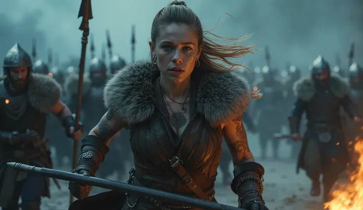 24 year old viking girl charging into battle, Nordic tattoos. bold figure. she wears a fur-lined leather tunic that highlights her toned arms and tattoos,  the surrounding warriors as smoke rises into the starry night sky