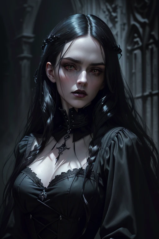 a gothic horror figure, long dark hair, piercing eyes, pale skin, sharp facial features, dark lips, high collar, dramatic pose, moody lighting, dramatic shadows, gloomy atmosphere, dark textures, aged vintage paper, (best quality,8k,highres,masterpiece:1.2...