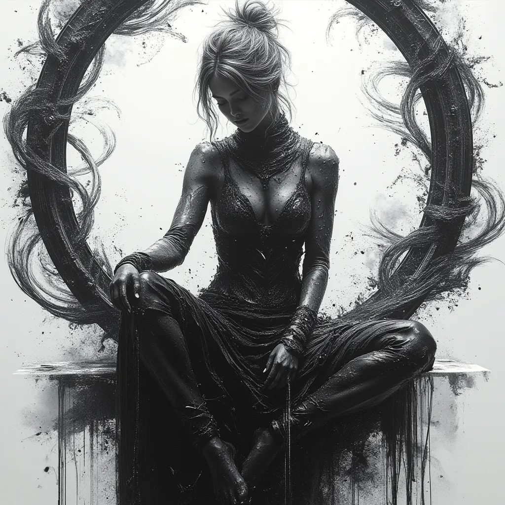 A stunning masterpiece in the charcoal-style of Albert Robida, Alice Pasquini, Masamune Shirow and Luis Royo, Abstract oil painting of a beautiful sensual woman, with flowing waterfall elements. She is sitiing cross-legged, nonchalant, her hands are on her...