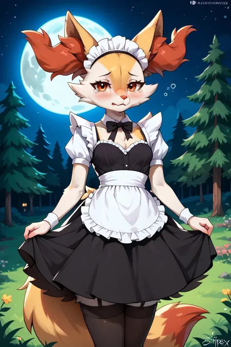 female, anthro, furry, braixen,perfect eyes,glistering eyes, maid uniform, stockings,dark sky, moon, tired facial expression, cute face,looking at viewer, blush, tears, outdoors, night_forest, three-quarter portrait, sfw, small breasts, small things