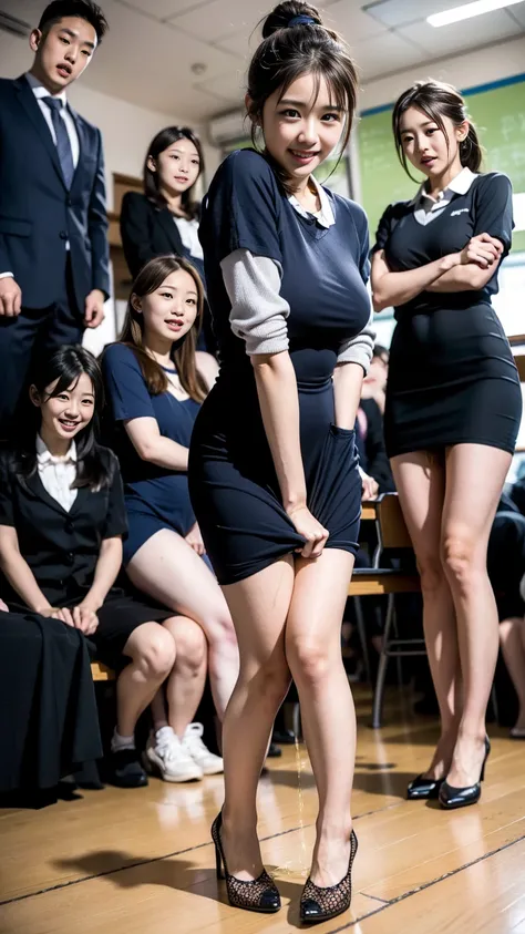  female teacher pees at the student's graduation ceremony  、Urinary incontinence、Leaking a lot of pee、Female teachers are Japanese elementary school teachers 々 looking at viewers with an arrogant expression  、from below、  staring at the viewers、  black sui...