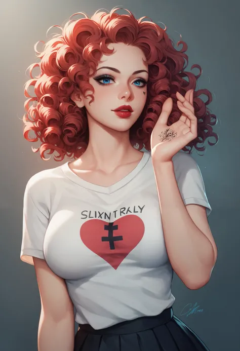 Anime style, 1women, seductive expression, bright red lips, sexy tattoo on hand, neck red head hair, short hair , wavy hair, messy hair, curly hair, beautiful detailed dark eye makeup, beautiful detailed blue eye, white t-shirts, black short flowy skirt, s...