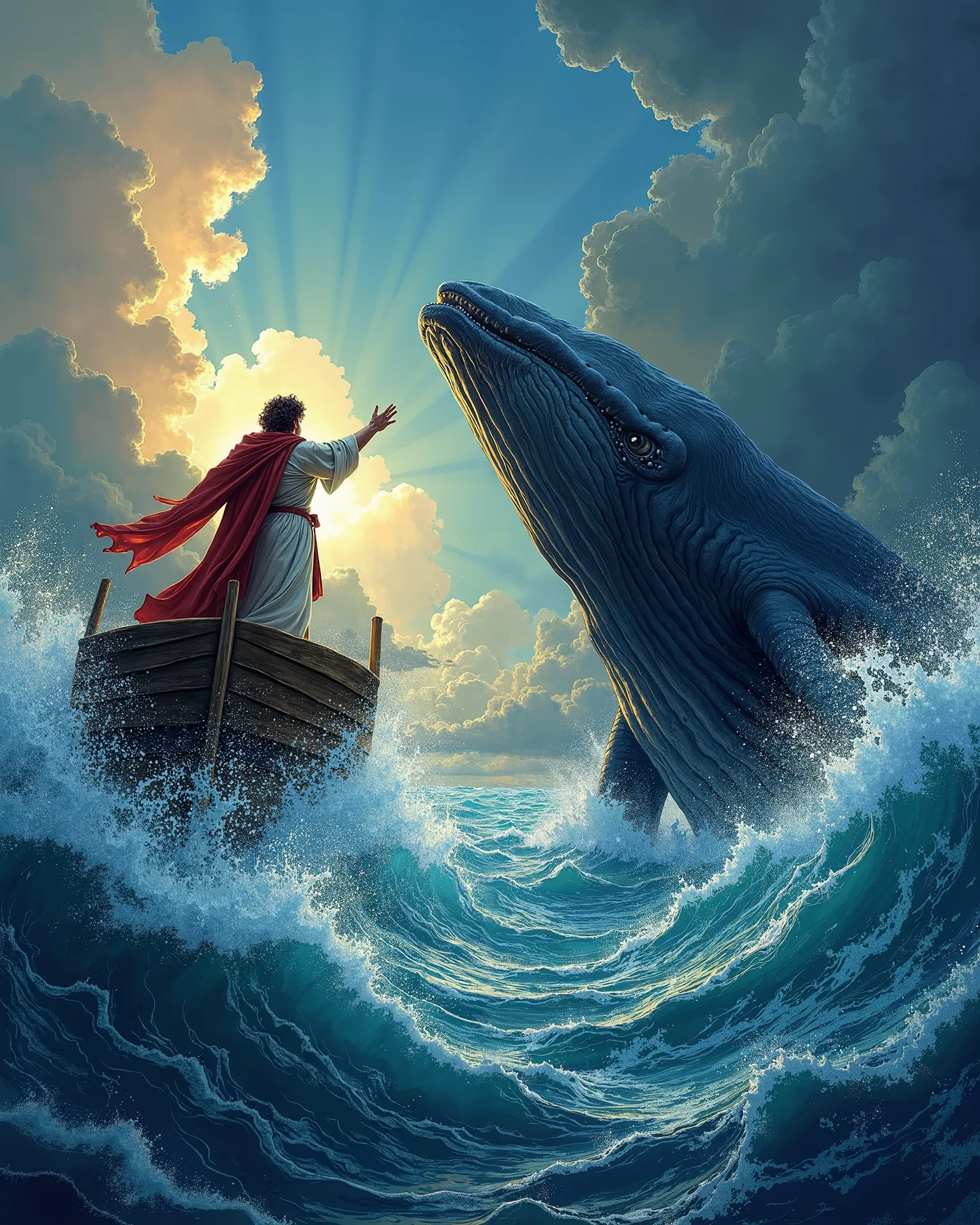 A colorful ren's illustration of Jonah being tossed from a ship into stormy waters, with a giant whale emerging nearby, ready to swallow him. The dark clouds and towering waves add excitement to the scene.