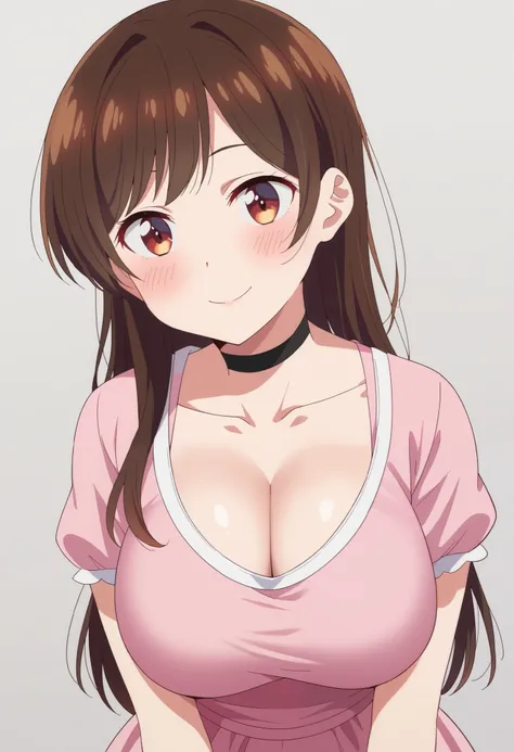 chizuru, 1girl, solo, long_hair, looking_at_viewer, blush, smiling, bangs, simple_background, white_background, brown_hair, shirt, brown_eyes, pink dress, cleavage, busty, shiny, shiny_hair, swept_bangs, black choker